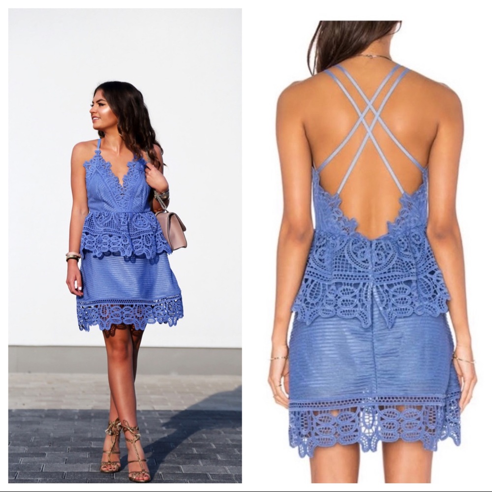 Self Portrait Guipure Lace Peplum Dress Crisscross Open Back Cornflower Blue